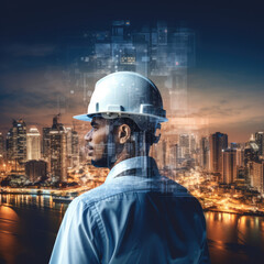 Obraz premium Engineer and hat with city double exposure concept