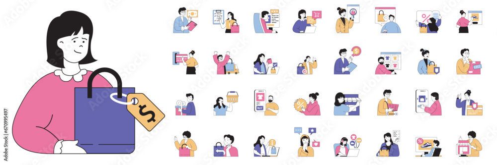 Poster shopping concept with people situations mega set in flat web design. bundle scenes of buyers make pu