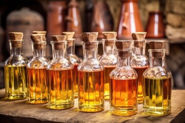 glass bottles filled with copper-colored aged tequila