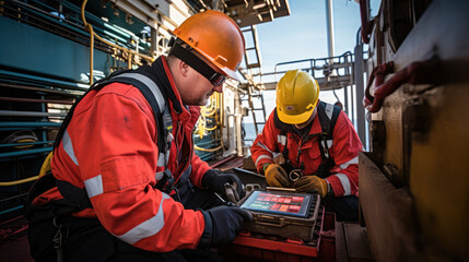 Offshore oil rig worker and tablet during working - obrazy, fototapety, plakaty