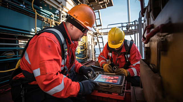 Offshore oil rig worker and tablet during working