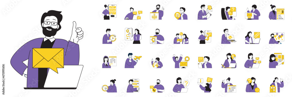 Poster Contact us concept with people situations mega set in flat web design. Bundle scenes of business communication and client support. Vector illustrations for social media banner, marketing material.