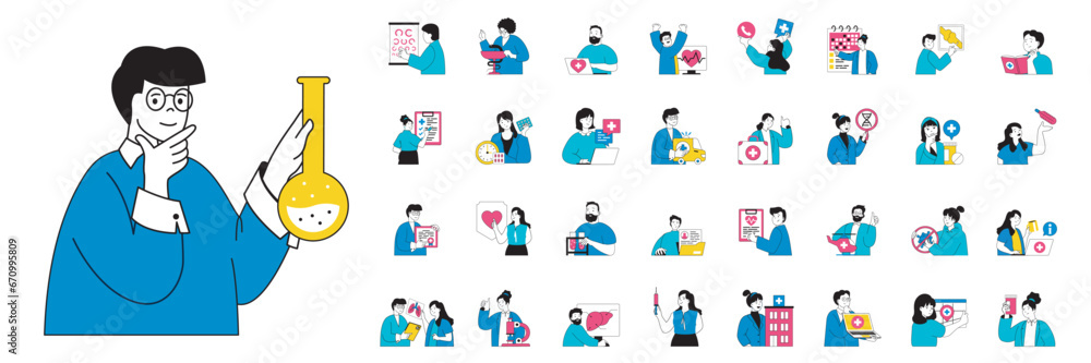 Aufkleber medical service concept with people situations mega set in flat web design. bundle scenes of diagnos