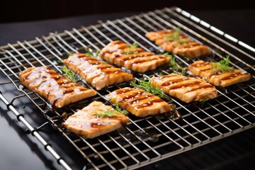 tofu steak on a cooling rack, glazed with teriyaki sauce