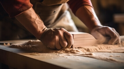 Fototapeta na wymiar Close-up of a carpenter's hands carving wood., close up of a carpenter cutting wood