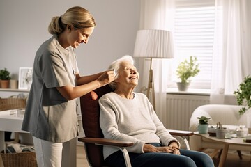 Caregiver assist the senior woman at the house,Elderly Wellness: In-Home Assistance with Caring Touch - obrazy, fototapety, plakaty