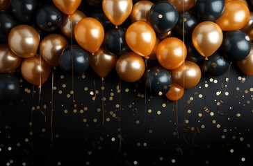Black, gold, orange air balloons bunch with gold confetti around on dark background with free text copy space. Greeting card