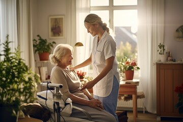 Caregiver assist the senior woman at the house,Elderly Wellness: In-Home Assistance with Caring Touch