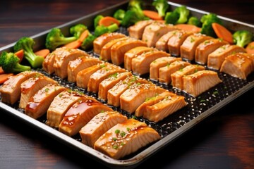 tray full of freshly cooked teriyaki tofu steaks
