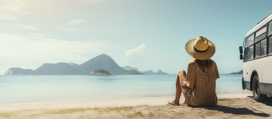woman in hat on side of mini bus enjoying tropical beach