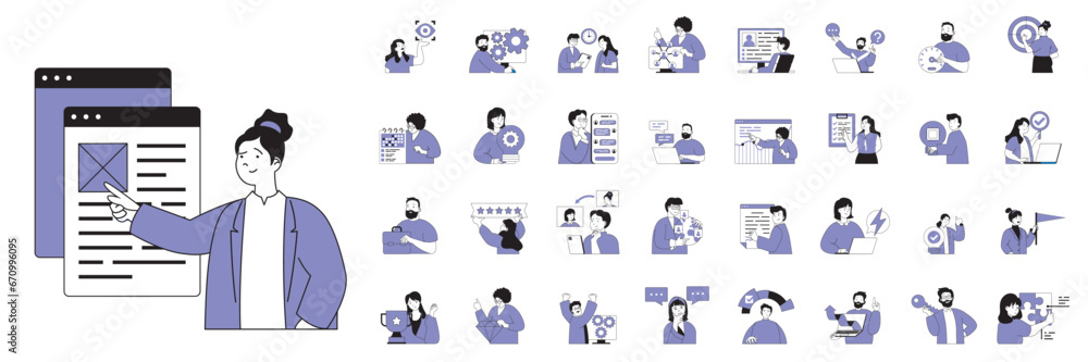 Poster teamwork concept with people situations mega set in flat web design. bundle scenes of collaboration,