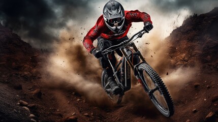 downhill bike race, racing riding bicker on mountain, Generative AI