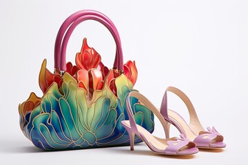illustration of colorful toat bag and heels designed with lotus flow, Generative ai