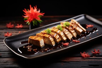 dark background with centered tofu steak glistening with teriyaki sauce