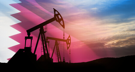 Oil drilling derricks at desert oilfield with Qatar flag. - obrazy, fototapety, plakaty