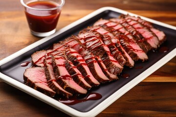 sliced brisket with barbecue sauce drizzle on a rectangular plate