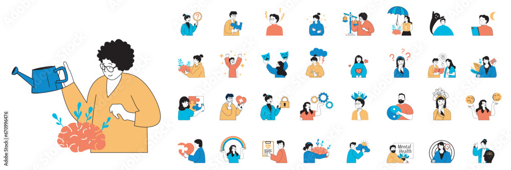 Poster mental health concept with people situations mega set in flat web design. bundle scenes of psychothe