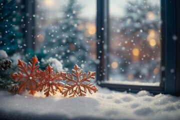 A beautiful view of a snowy winter scene from a cozy window, with delicate frost patterns on the glass and snowflake with warm lights in the background.