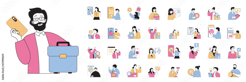 Poster Mobile commerce concept with people situations mega set in flat web design. Bundle scenes of online shopping and ordering in apps. Vector illustrations for social media banner, marketing material.