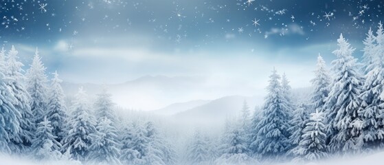 Christmas banner background, winter panoramic with snow-covered fir branches and snowfall flakes, Generative AI