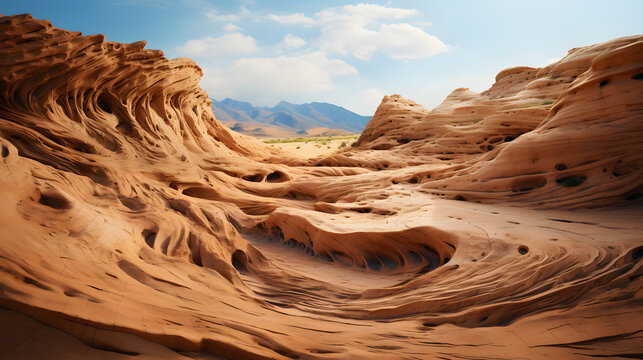 Eolian landforms sculpted by wind and sand take center stage in this highly detailed image, demonstrating nature's artistry on a grand scale.