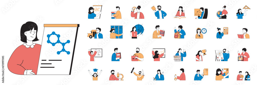 Poster school learning concept with people situations mega set in flat web design. bundle scenes of educati
