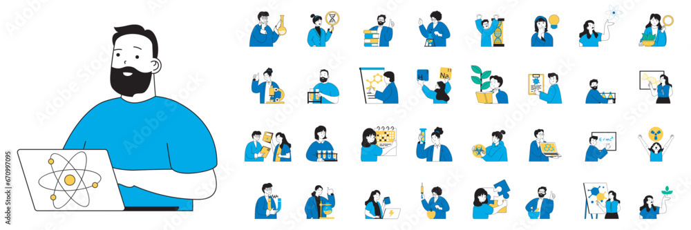 Poster science laboratory concept with people situations mega set in flat web design. bundle scenes of scie