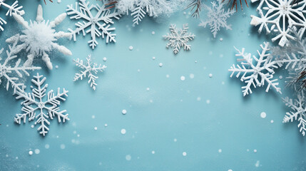 Fototapeta na wymiar Beautiful Christmas snowflakes on a winter background. Frame with copy space. Aspect ratio 16:9