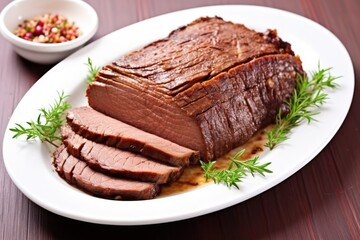 beef brisket with a light glaze, on a white ceramic plate