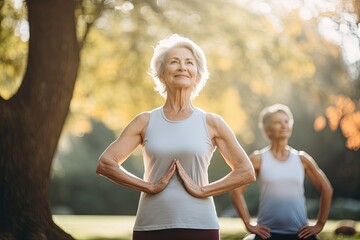 Active graceful Senior Women and Man friend Practicing Yoga in house Stretching muscle health, workout, and training with the retirement community