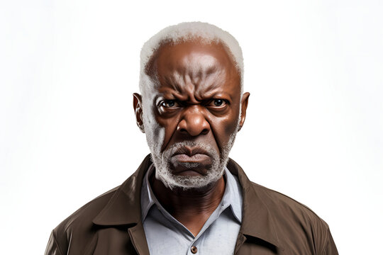 Angry mature African American man, head and shoulders portrait on white background. Neural network generated image. Not based on any actual person or scene.
