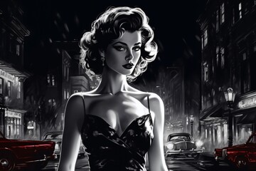 Portrait of a beautiful fashionable woman with a hairstyle, in a city street, at night. Illustration, poster in the style of 1960
