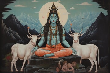 illustration of Craft a detailed painting depicting Lord Shiva with,Generative ai - obrazy, fototapety, plakaty
