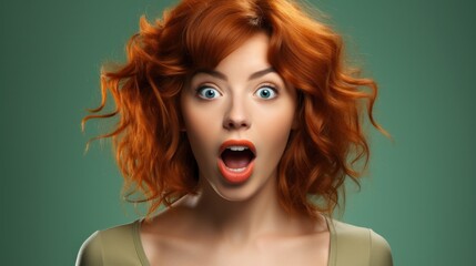 Fototapeta premium Close-up portrait, red-haired girls with an astonished face, wide-open eyes, mouth, isolated on a green background, the concept of surprise discount sale shopping.