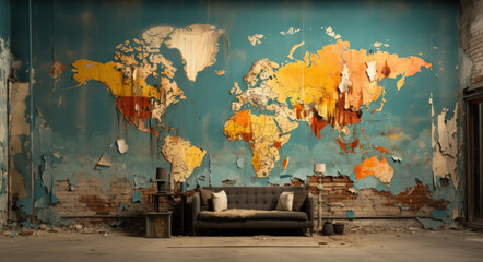 interior of old house with shabby walls, a sofa, with image on wall of world map on a peeling wall with peeling paint, the concept of outdated models of world order, frailty of world. nothing eternal