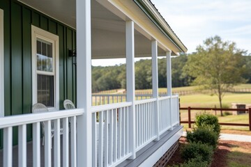 close-up of porch railing with farmhouse in background