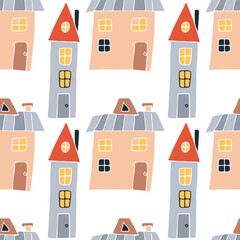 A pattern of Scandinavian multicolored houses, doodle hand drawn , cartoon flat .Illustrations of buildings, children's drawings. For kids or other design uses . On white background .	