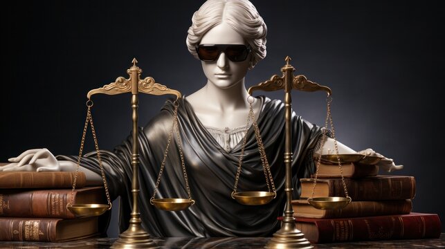 An antique statue depicting a woman of justice sitting at a table with books, 2 pair of scales looking forward through sunglasses, the concept of injustice.