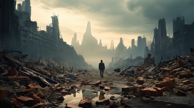 The silhouette of a lonely man standing looking at the ruins of a city with rubble, the concept of loneliness, stress, lack of meaning in life.