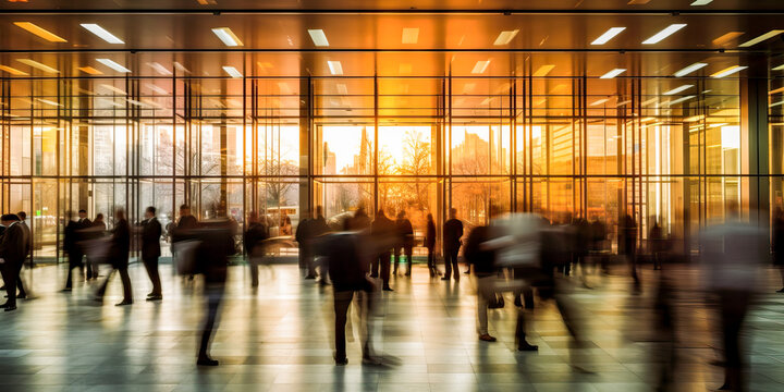 Long exposure shot of crowd of business people walking in bright office lobby fast moving with blurry