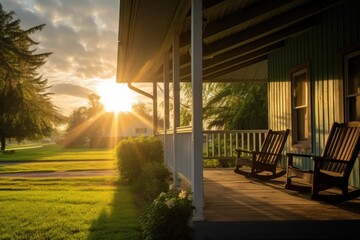 sunrise beams illuminating farmhouse and porch - obrazy, fototapety, plakaty
