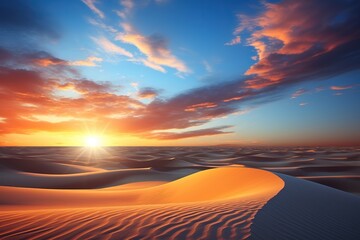 Sunset, dawn over sand dunes in the desert. Beautiful view of the desert. Generated by artificial intelligence