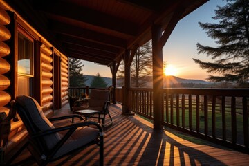 morning light falling on log cabin porch