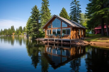 Fototapeta na wymiar cabin alongside calm lake reflecting in the water