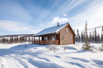 close-up of a wooden cabin on snowy landscape