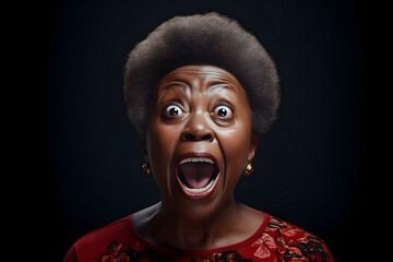 surprised adult African American woman, head and shoulders portrait on black background. Neural network generated image. Not based on any actual person or scene.