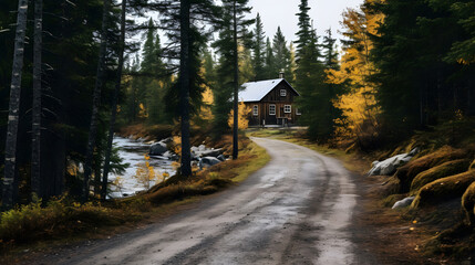A road leading to a remote cabin in the woods., cottage nestled in the woods - obrazy, fototapety, plakaty