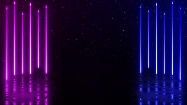 Abstract blue and purple neon lines with space in the center for inserting text or logo.neon lights are reflected on the floor.particles in the background.blue and purple background.