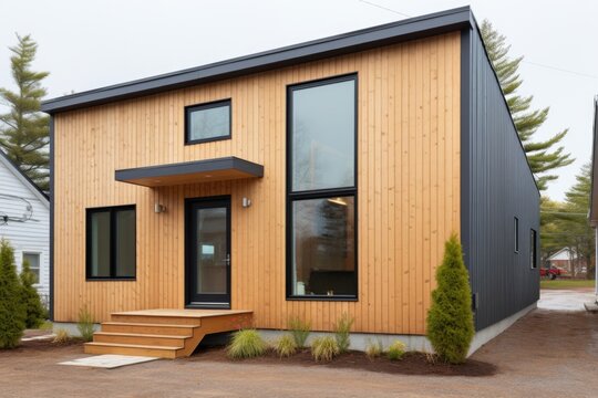 front facade of a saltbox house with pine cladding