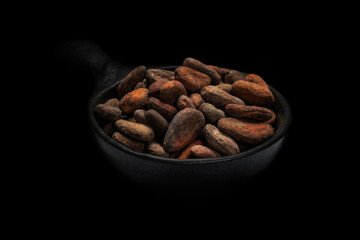Natural whole dried cocoa beans close-up in a black cup on a black background. Atmospheric photo. Horizontal. Selective focus.
